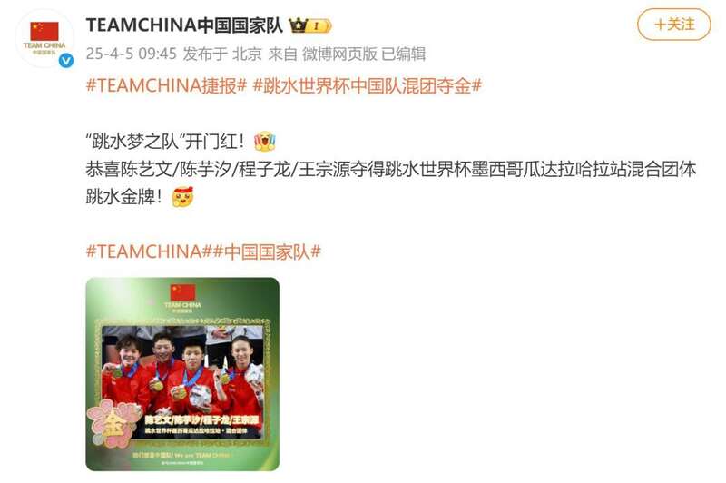 陈芋汐被队友“举高高”抱进场跳水世界杯中国队混团夺金(图3)